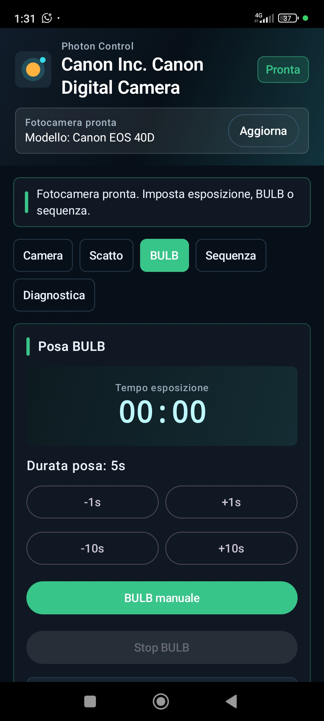 Schermata Photon Control con controllo BULB pronto