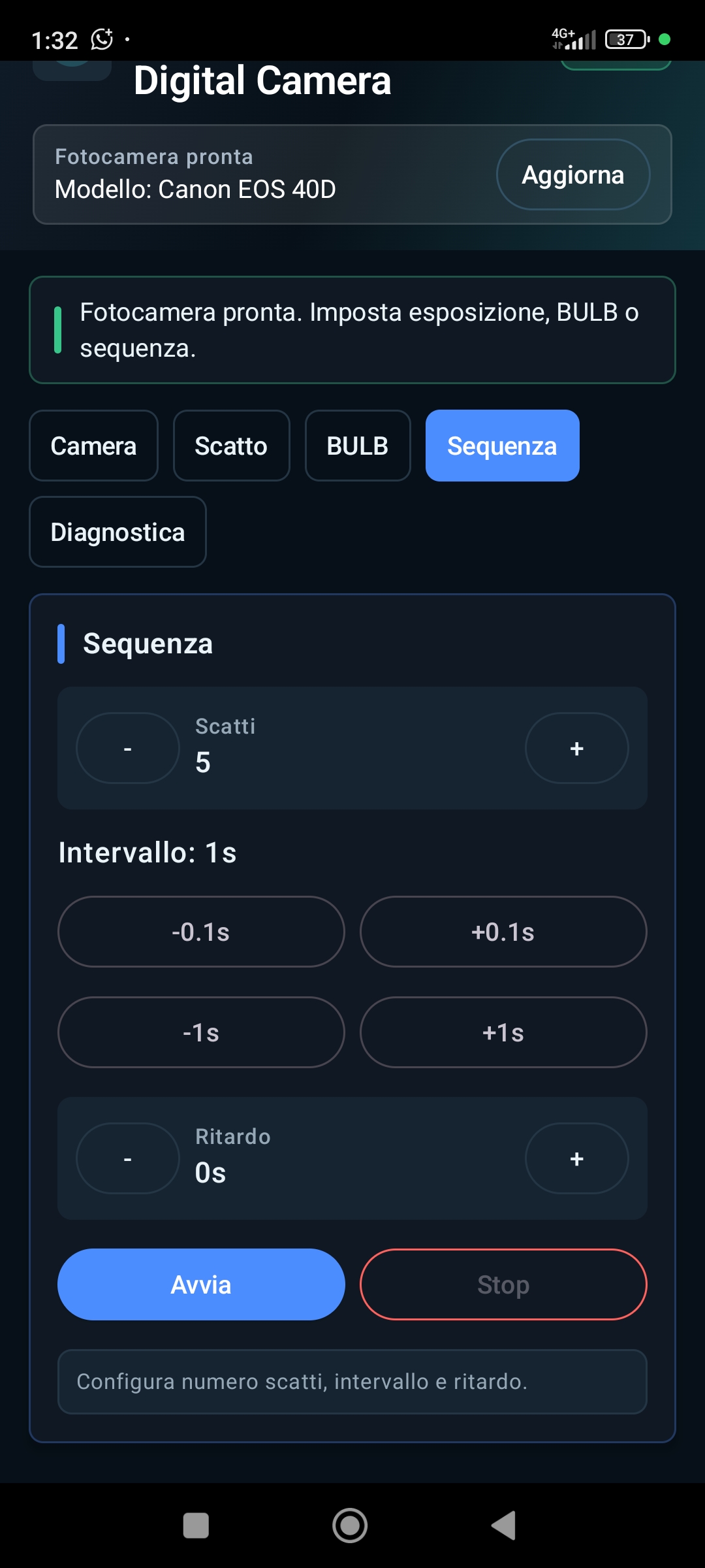 Sequenza con scatti, intervallo e ritardo