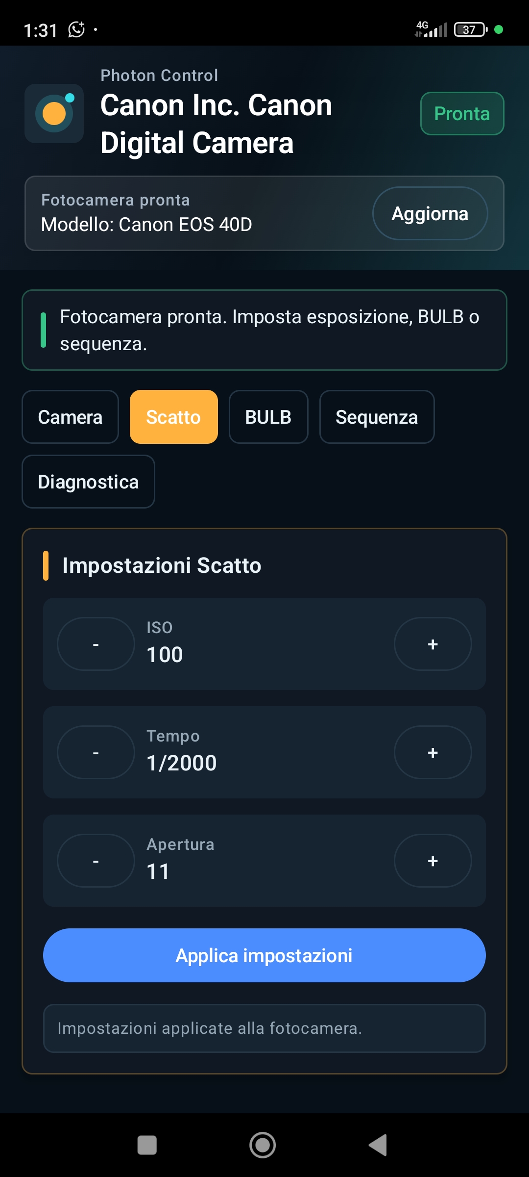 Impostazioni scatto con ISO, tempo e apertura