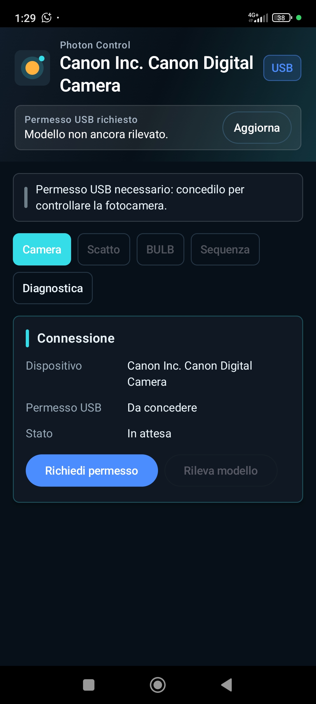 Schermata connessione USB e permesso da concedere